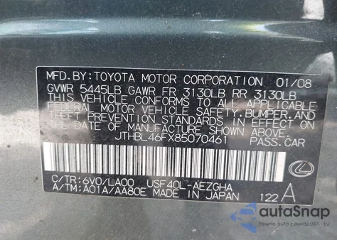 2008 Lexus Ls 460 из США, поврежденный, VIN JTHBL46FX85070461